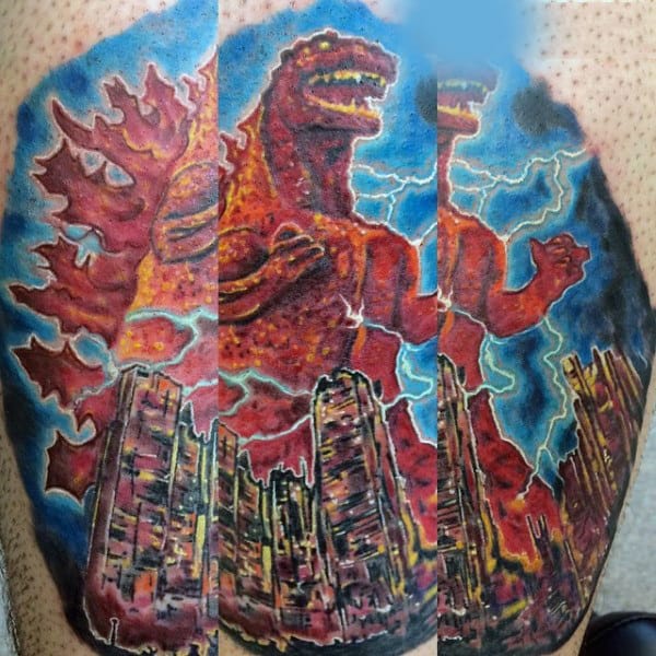 Godzilla Destroying Cities With Lightning Tattoo For Guys