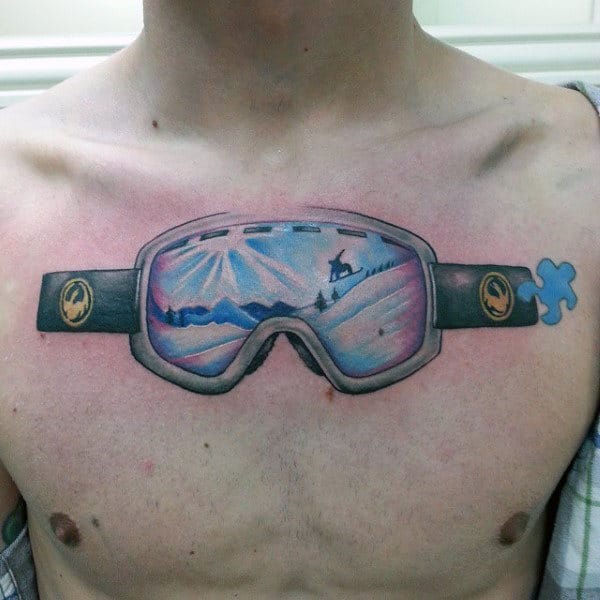 Goggles And Snowboard Tattoo Male Chest