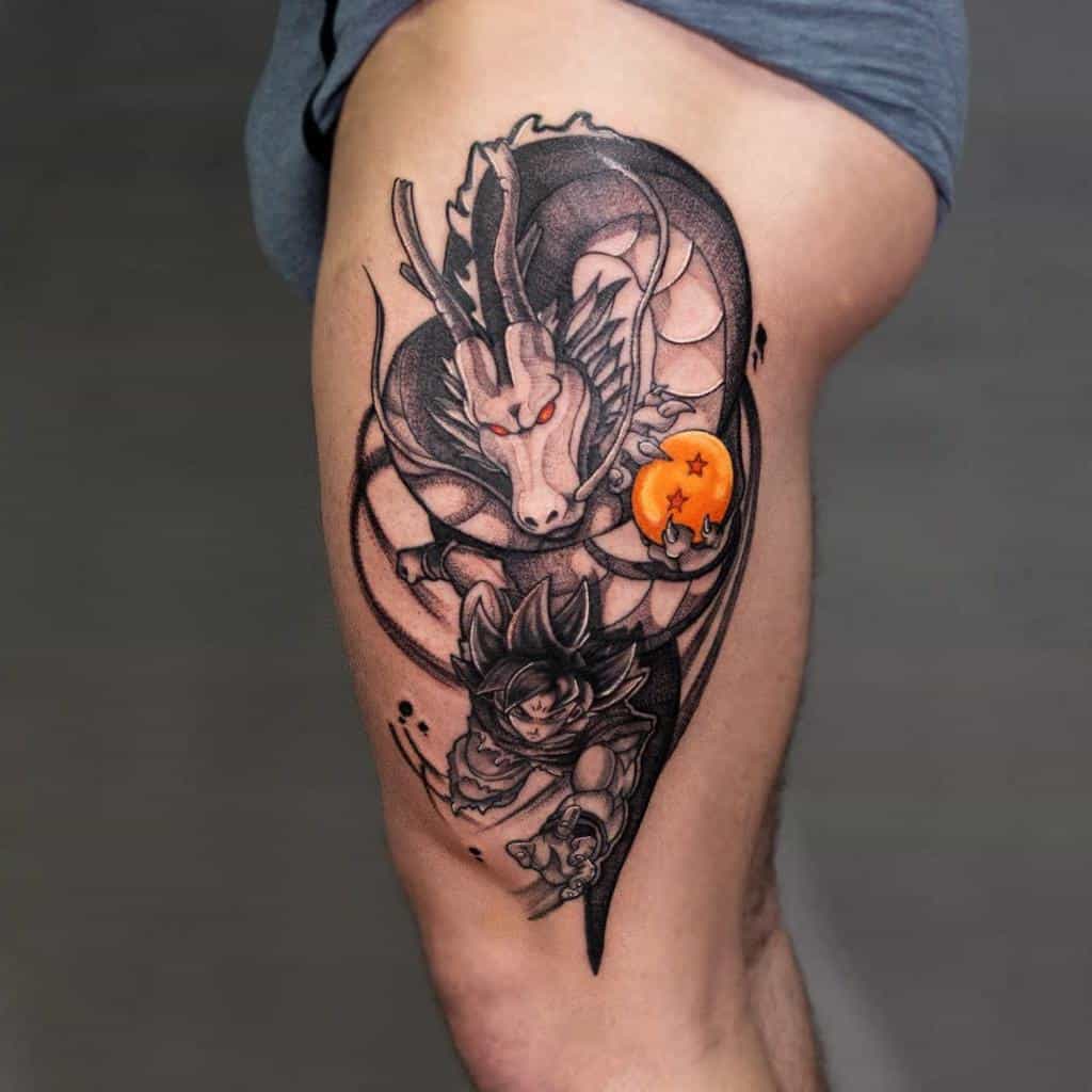 A dynamic black-and-grey tattoo featuring Shenron the dragon from *Dragon Ball*, coiling around a Dragon Ball, with Goku below, capturing an iconic moment of the series.