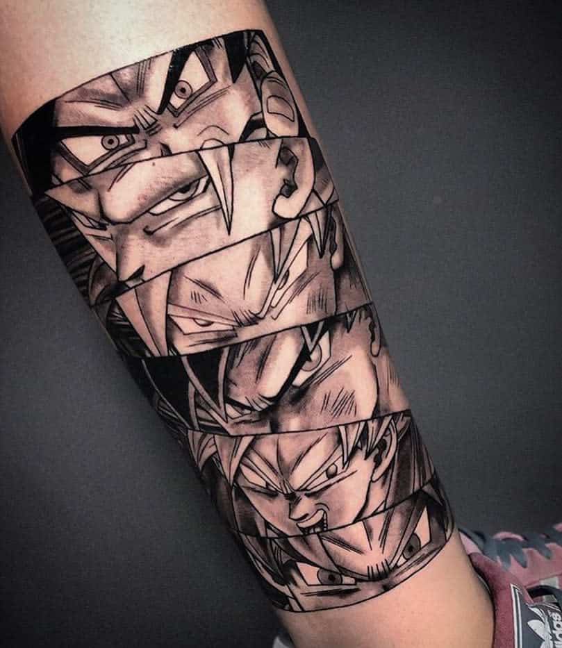A black-and-grey tattoo featuring intense facial expressions from Goku, Vegeta, and other characters from Dragon Ball, stacked vertically for a dramatic effect.