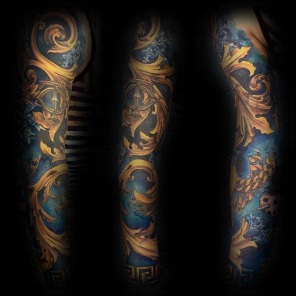 Gold And Blue Ink Filigree Full Sleeve Tattoos For Men