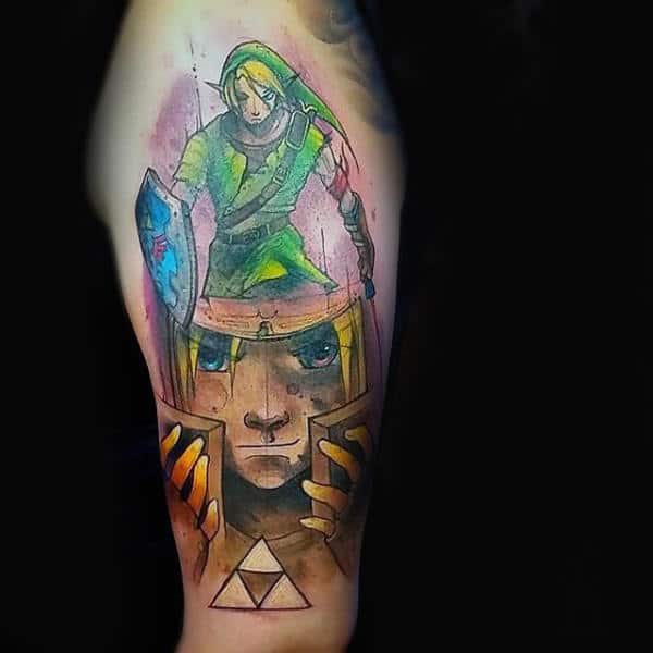 Gold And Green Guys Upper Arm Zelda Themed Tattoo Ideas