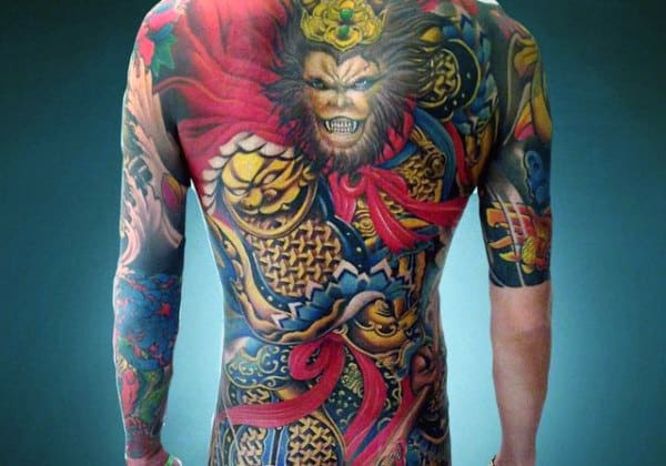 Gold And Red Monkey King Mens Colorful Back Tattoos