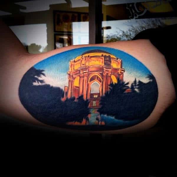 Gold Building Mens Landscape Bicep Tattoos