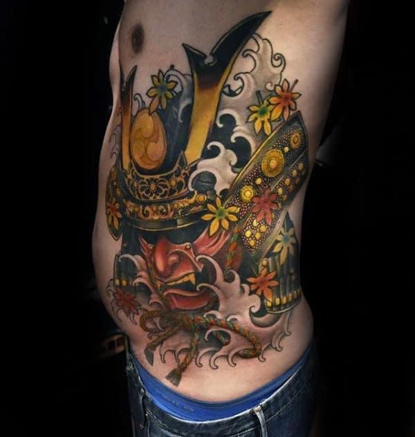 Gold Decorative Samurai Helmet Mens Rib Cage Side Tattoos