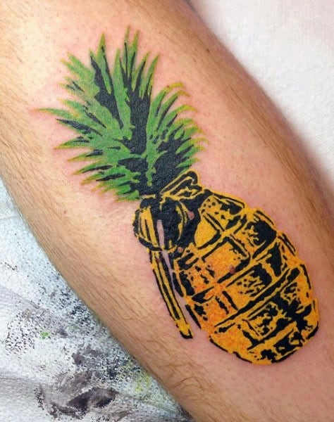 Gold Grenade Pineapple Tattoo On Men On Arm