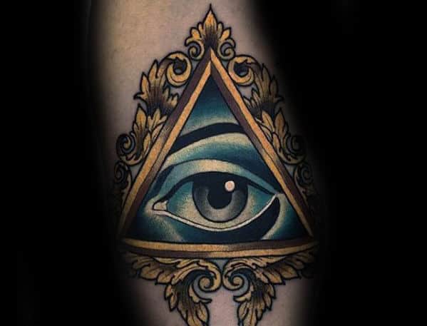 Gold Picture Frame Eye Of Providence Mens Forearm Tattoo