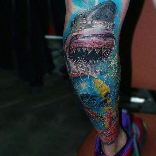 Gold Skull With Shark In Water Mens Leg Sleeve Tattoo