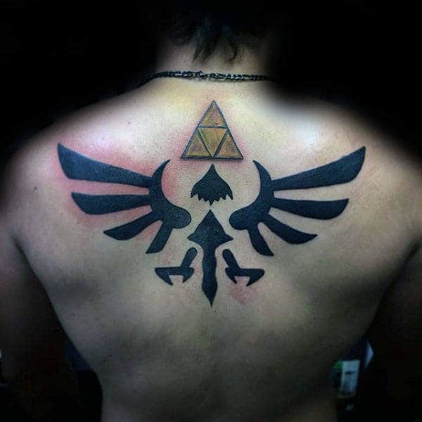 Gold Triforce With Blcak Zelda Symbol Mens Upper Back Tattoos