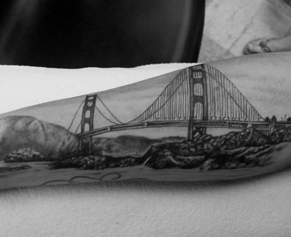 Golden Gate Bridge Male Outer Forearm Shaded Tattoo Ideas