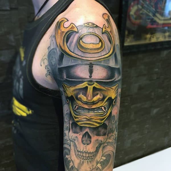 Golden Samurai Mask And Skull Cool Half Sleeve Tattoo For Men