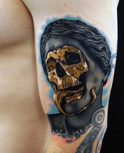 Golden Skeleton Abstract Tattoos For Men On Upper Arm