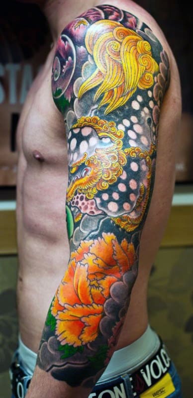 Golden Yellow Japanese Sleeve Tattoo Men