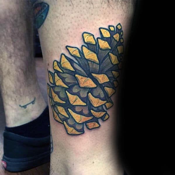 Golden Yellow Pine Cone Mens Lower Leg Tattoo