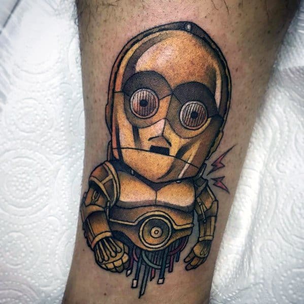 Cute and stylized C-3PO tattoo with a chibi-inspired design, featuring bold outlines, soft shading, and glitchy robotic details.