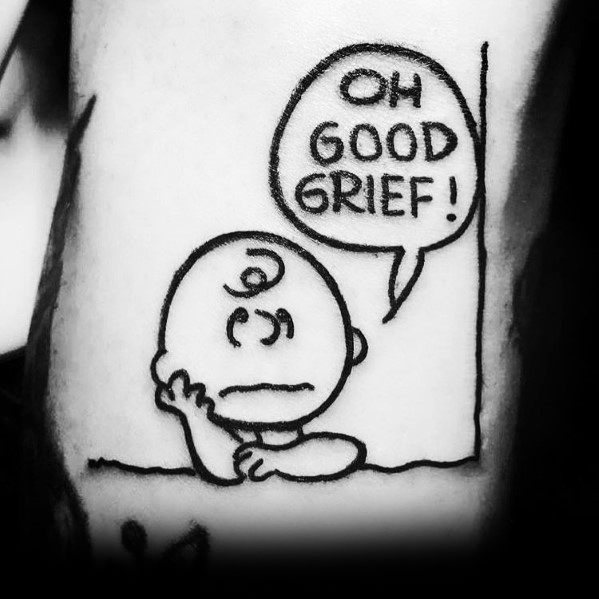 Minimalist black and white Charlie Brown tattoo featuring his classic 'Oh Good Grief!' expression, capturing Peanuts' iconic humor.