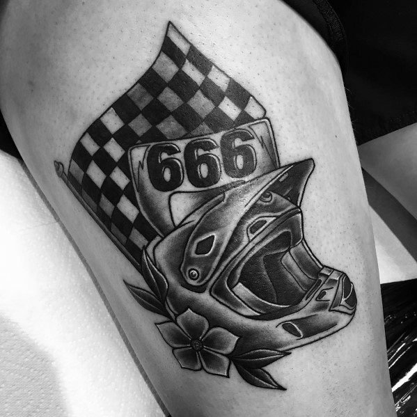 Bold racing tattoo featuring a checkered flag, motocross helmet, and the number 666, symbolizing speed, adrenaline, and competitive spirit.