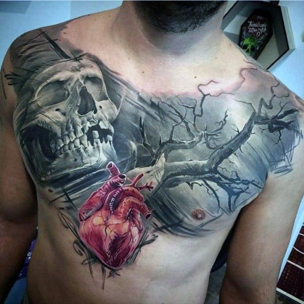 Realistic 3D chest tattoo featuring an anatomical heart, a detailed skull, and eerie leafless trees, creating a dark and dramatic design.