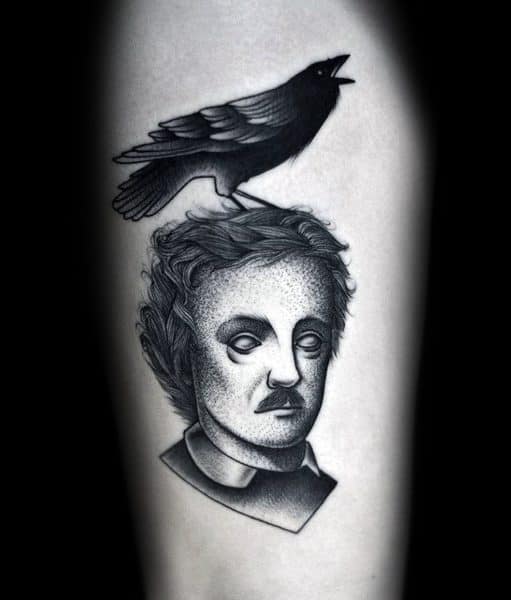 Minimalist black and grey tattoo of Edgar Allan Poe with a stylized raven perched on his head and hollow, haunting eyes.
