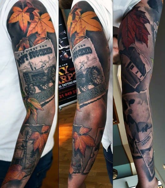 Detailed full-sleeve tattoo featuring vintage Farmall tractor ads, autumn leaves, a barn, windmill, and faded farm scenes in a nostalgic collage.