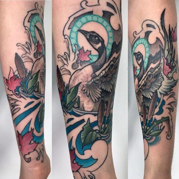 Colorful tattoo sleeve featuring a detailed goose with outstretched wings, maple leaves, cattails, swirling water, and ornamental elements.