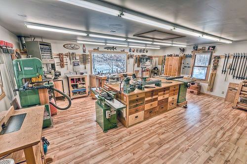 vinyl wood floor garage workshop benches tools