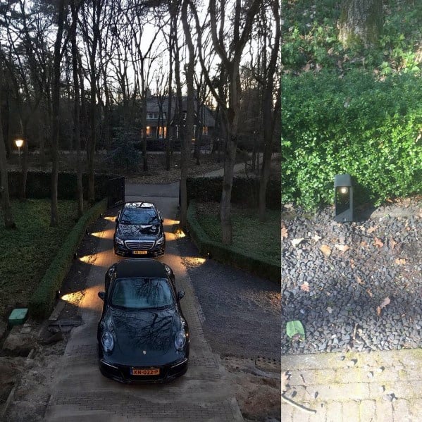 Driveway illuminated with strategic lighting along the edges, highlighting the path and surrounding greenery, creating a welcoming atmosphere