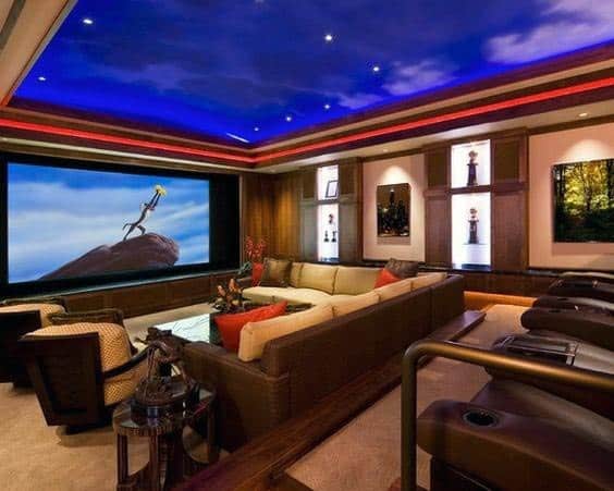modern home theater with sky painted ceiling 