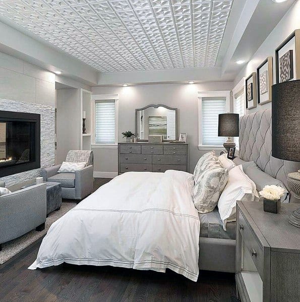 textured ceiling gray master bedroom
