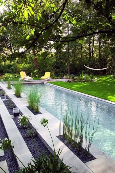 Luxurious backyard pool with greenery, lounge chairs, and a hammock under trees