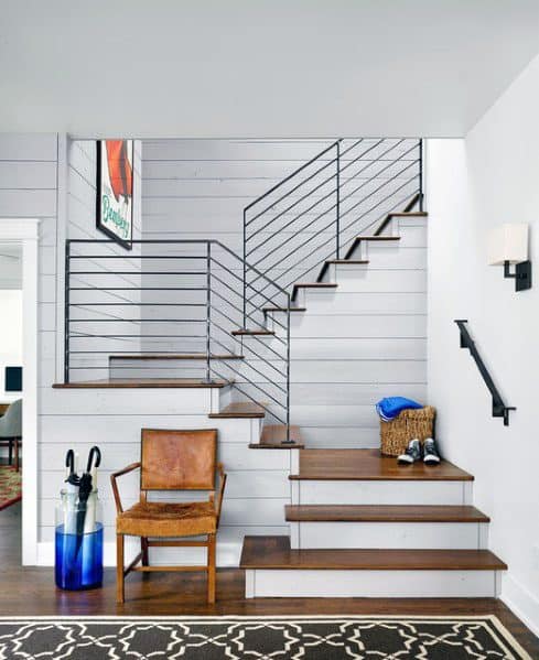 steel stair railing shiplap staircase