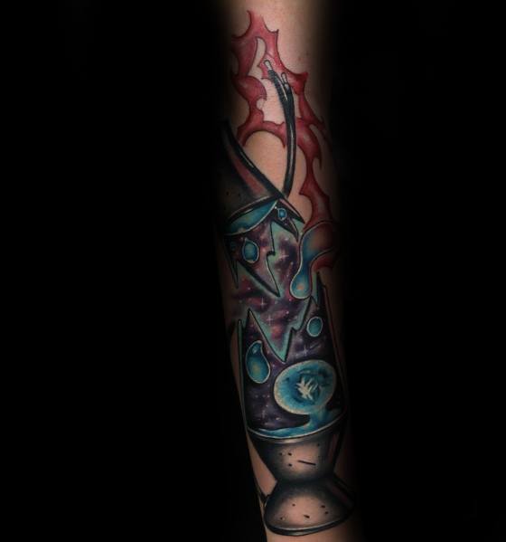 Dark cosmic-themed tattoo with a broken lava lamp spilling galaxy-inspired wax, ideal for men's striking tattoo ideas.