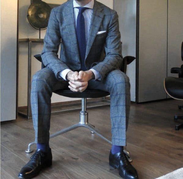 Good Male Charcoal Grey Checkered Suit Black Shoes Style Ideas