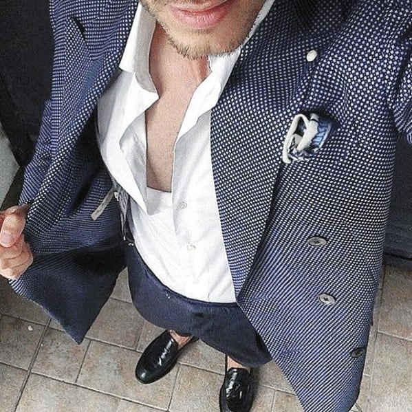 Good Male Navy Blue Suit Black Shoes Tieless White Dress Shirt Style Ideas
