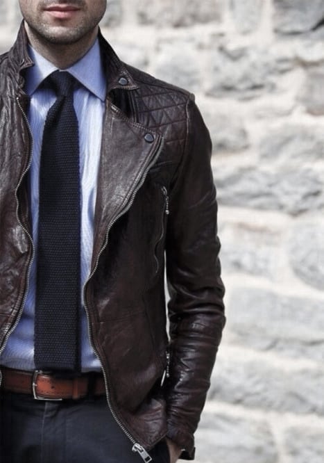 Good Male Winter Outfits Style Ideas Brown Leather Jacket With Light Blue Shirt