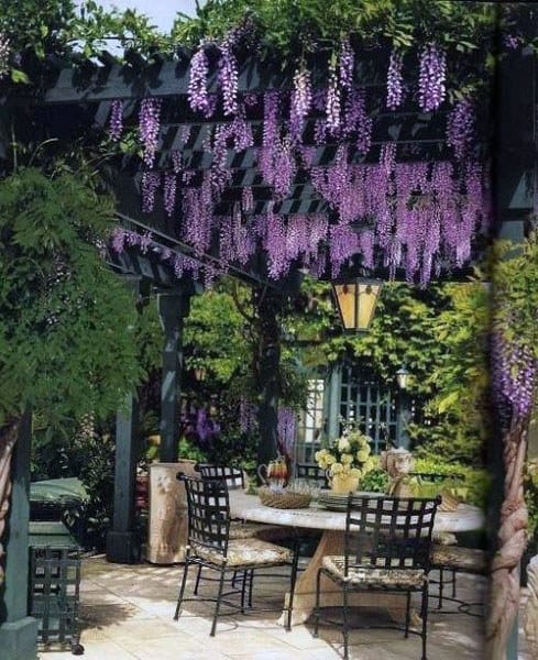 Pergola with cascading purple wisteria, wrought iron dining set, and elegant outdoor decor.