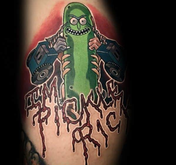Dark and bold Pickle Rick tattoo with robotic arms and blood-dripping text, creating an intense and dramatic design on the arm.