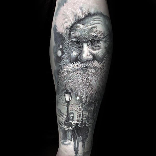 Black and grey realistic Santa Claus tattoo with fine details, featuring a winter street scene with a couple walking under glowing streetlights.