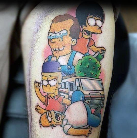 Colorful tattoo of Simpsons characters reimagined as Breaking Bad characters, featuring a crying Walter White, RV, and desert elements.