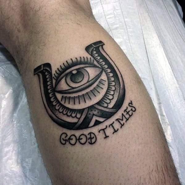 Good Times Mens Eye Horseshoe Shaded Traditional Leg Tattoo