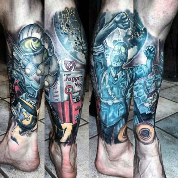 Vibrant Call of Duty Zombies tattoo sleeve featuring Jugger-Nog, a mechanical robot, and an undead soldier with electrifying blue energy effects.