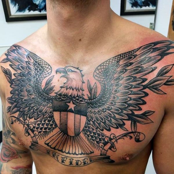 Gorgeous Bald Eagle Tattoo With Shield Tattoo Male Chest