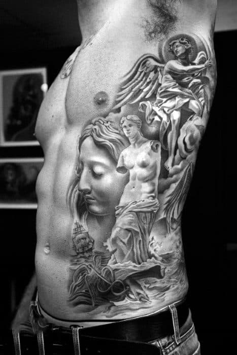 Gorgeous Grey Greek Mythology Realistic Tattoo Male Side Ribs
