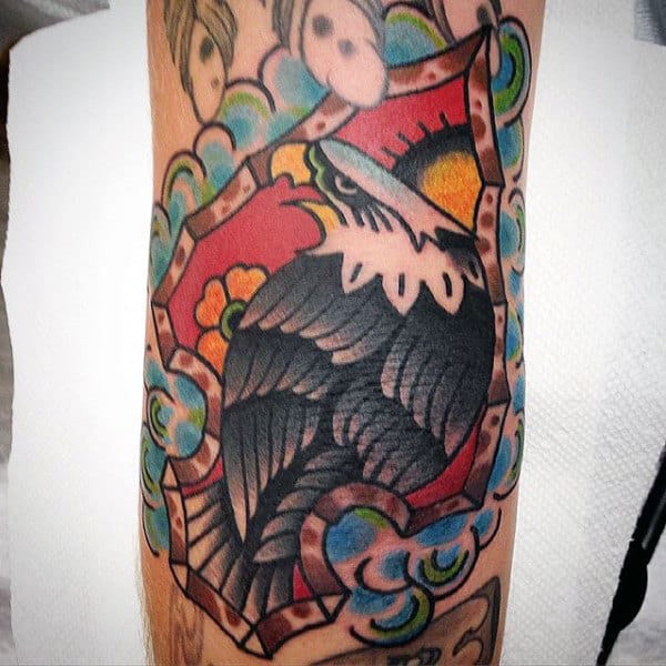 Gorgeous Grey Feathered Eagle Inside Arrowhead Tattoo Male Forarms