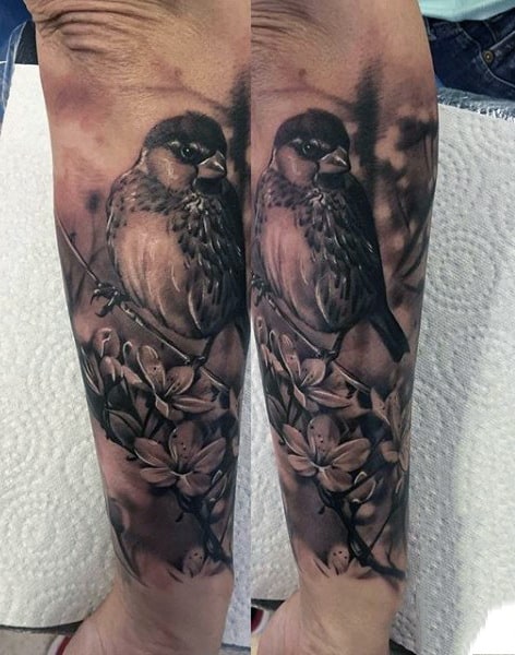 Gorgeous Grey Sparrow And Blossoms Tattoo Guys Forearms