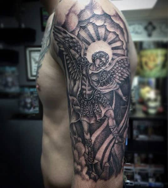 Gorgeous Guardian Angel With Sword Tattoo Mens Upper Arms