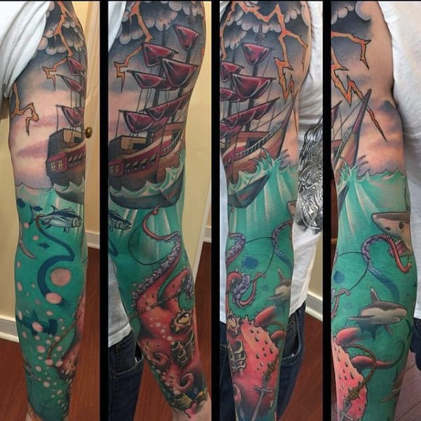 Gorgeous Ship And Sea Creatures New School Tattoo Male Full Sleeves