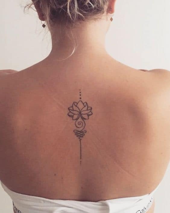 Unalome tattoo with a lotus on the upper back, symbolizing spiritual enlightenment, growth, and the journey toward inner peace.
