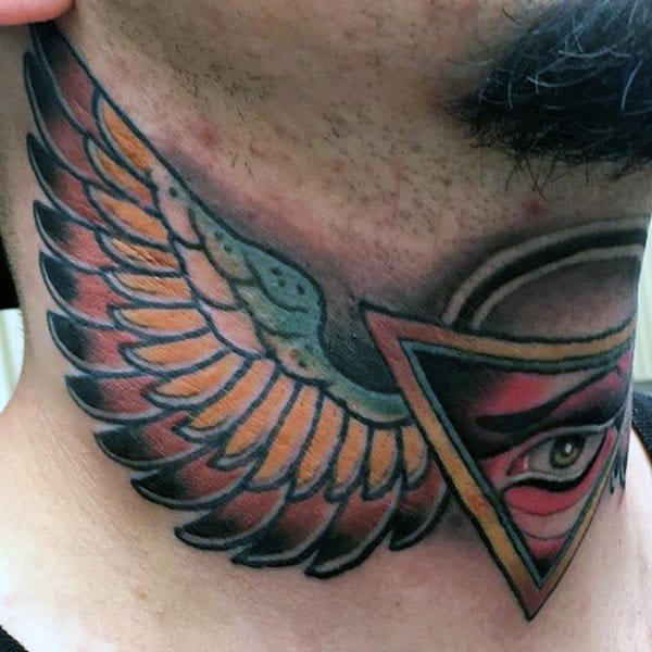 Throat tattoo featuring a detailed wing blending into a triangle with a realistic eye, using bold colors and intricate shading