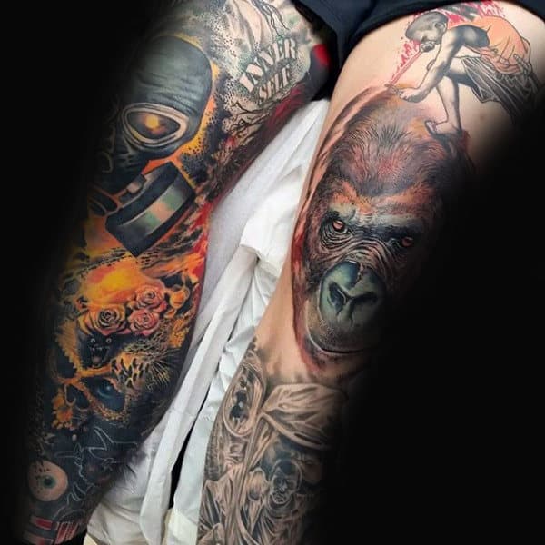 Gorilla With Gas Mask Knee Tattoos For Men